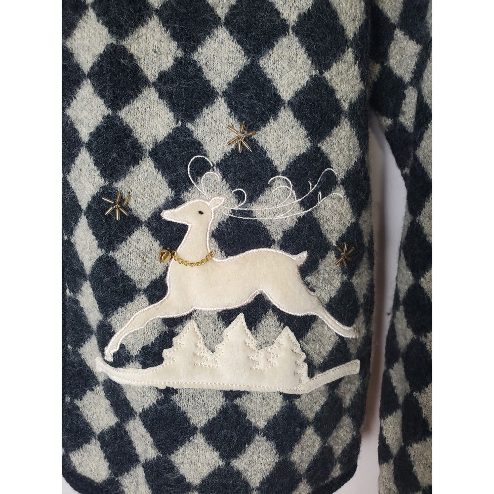 Vintage Lisa‎ Boiled Wool Diamond Reindeer Fur Collar Medium Christmas Sweater